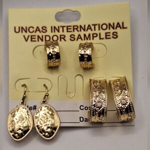 Gold Earring Bundle Hammered Drop & Engraved Hoops 3 Pair Set